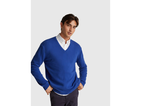 Camisola decote em V azul bluette em pura lã Merino - ucb_image_F