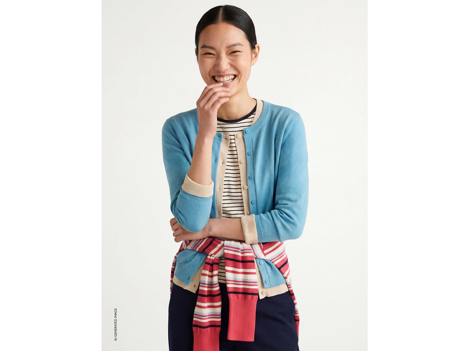 Sky blue crew neck cardigan in pure Merino wool