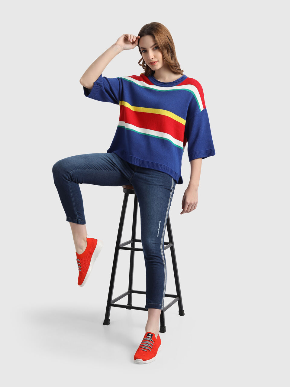 Stripe Tricot Sweater with Flared Sleeves image number null