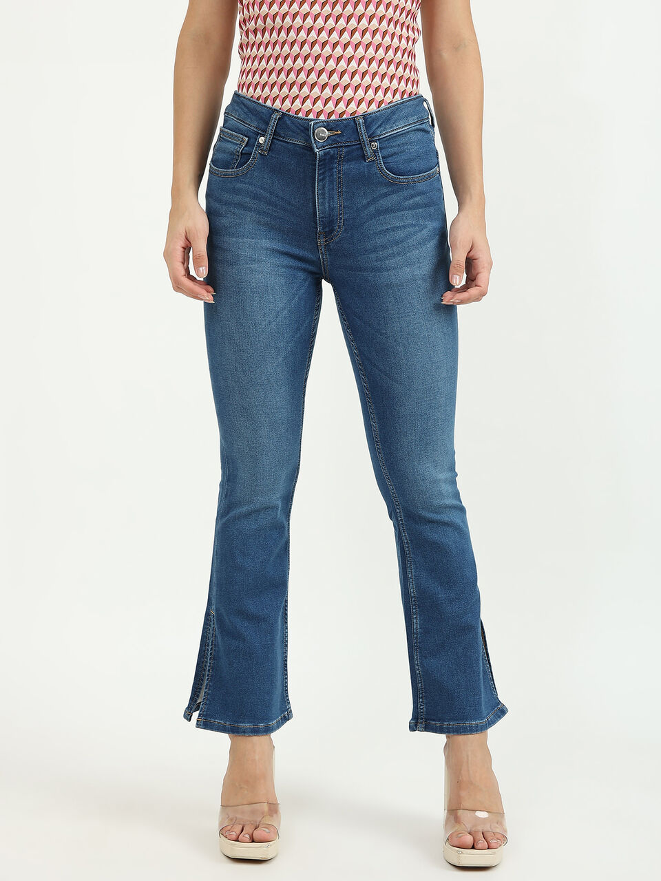 BOOT CUT DENIM WITH SIDE SLIT-BLUE image number null