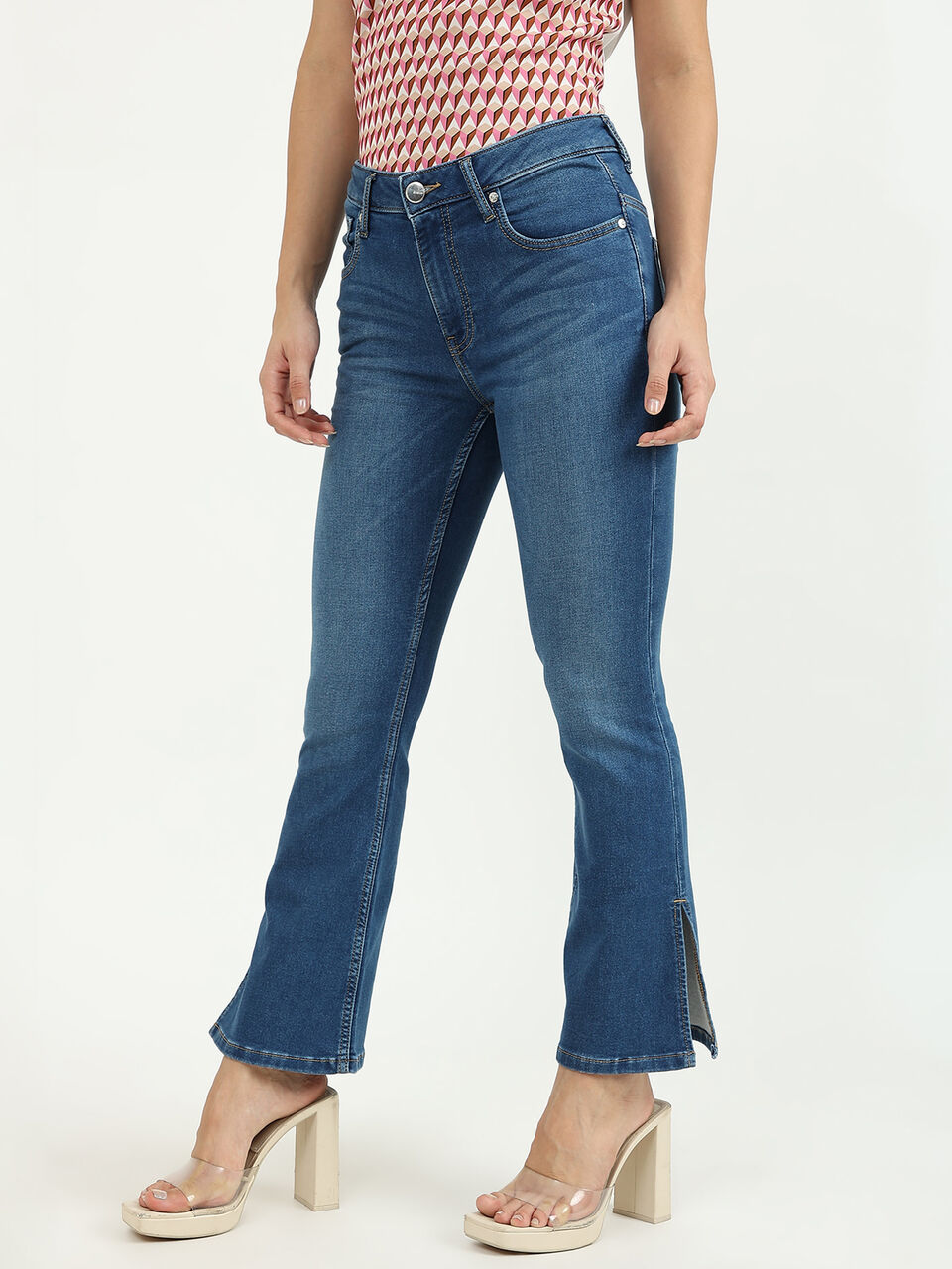 BOOT CUT DENIM WITH SIDE SLIT-BLUE image number null