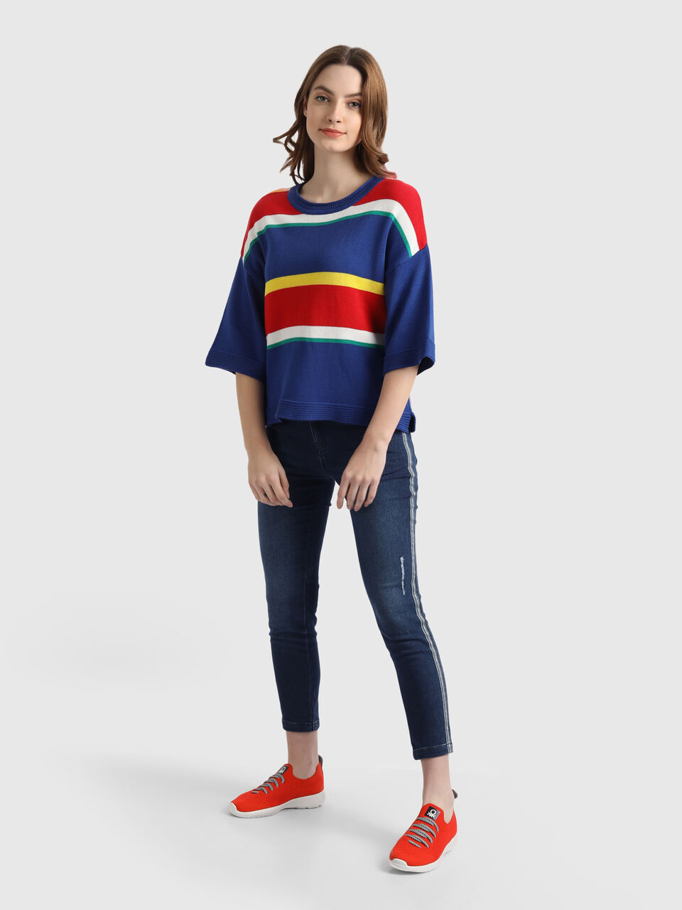 Stripe Tricot Sweater with Flared Sleeves image number null