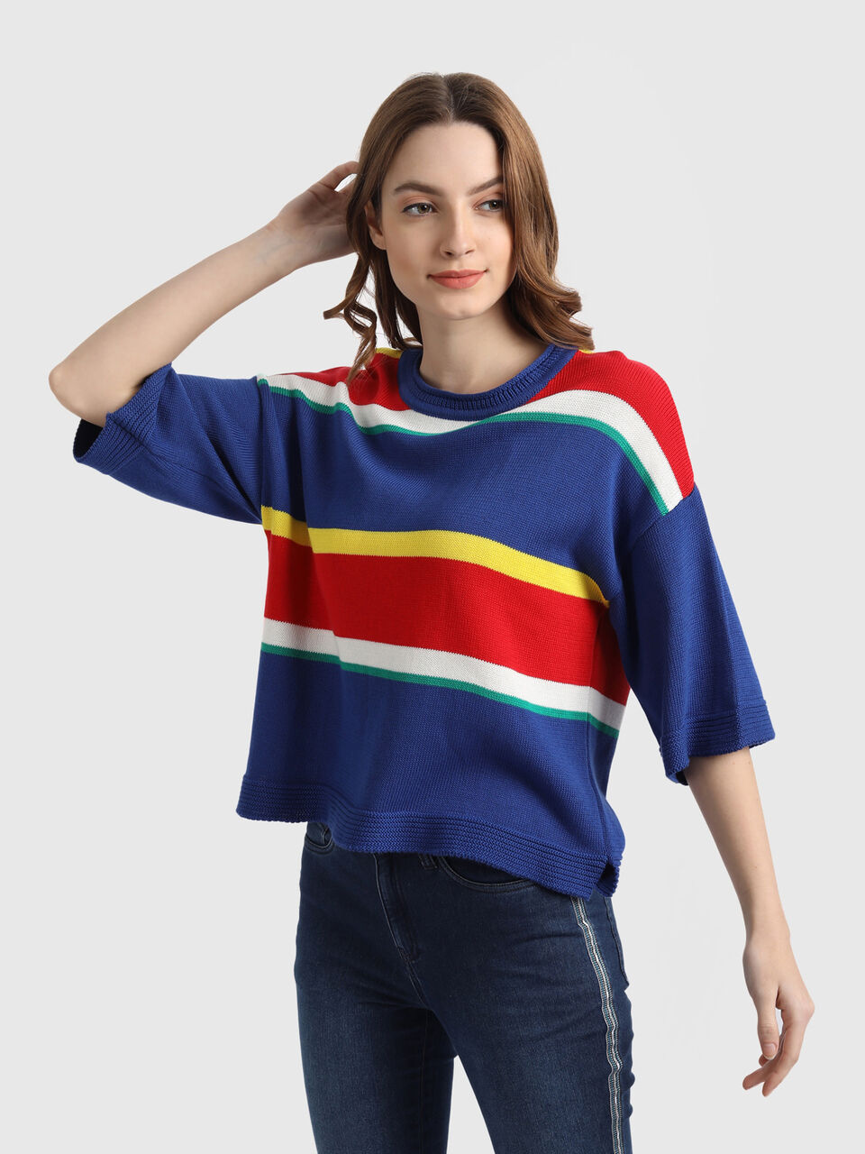 Stripe Tricot Sweater with Flared Sleeves image number null