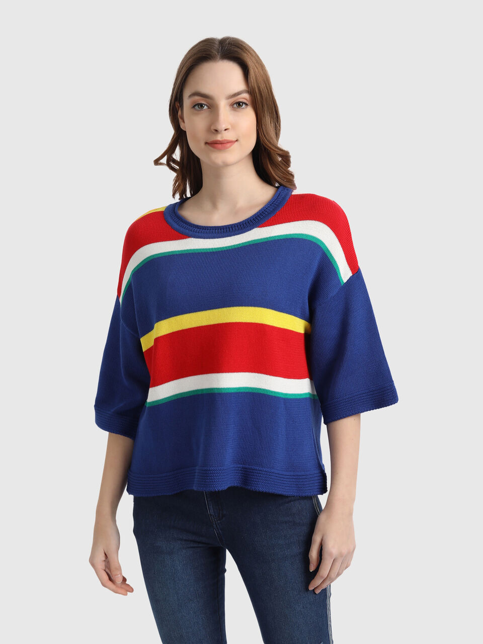 Stripe Tricot Sweater with Flared Sleeves image number null