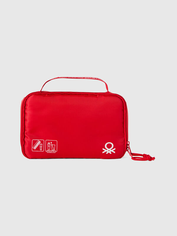 Red travel toiletry bag with hook