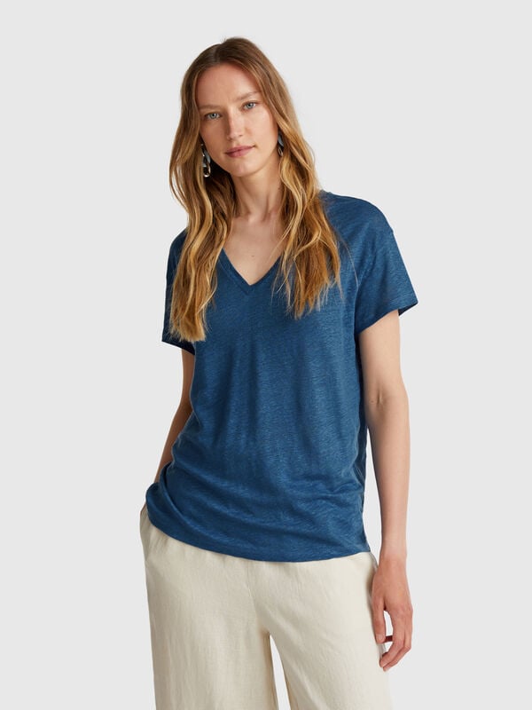 V-neck t-shirt in pure linen Women
