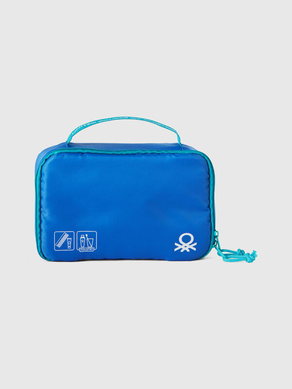 Blue travel toiletry bag with hook