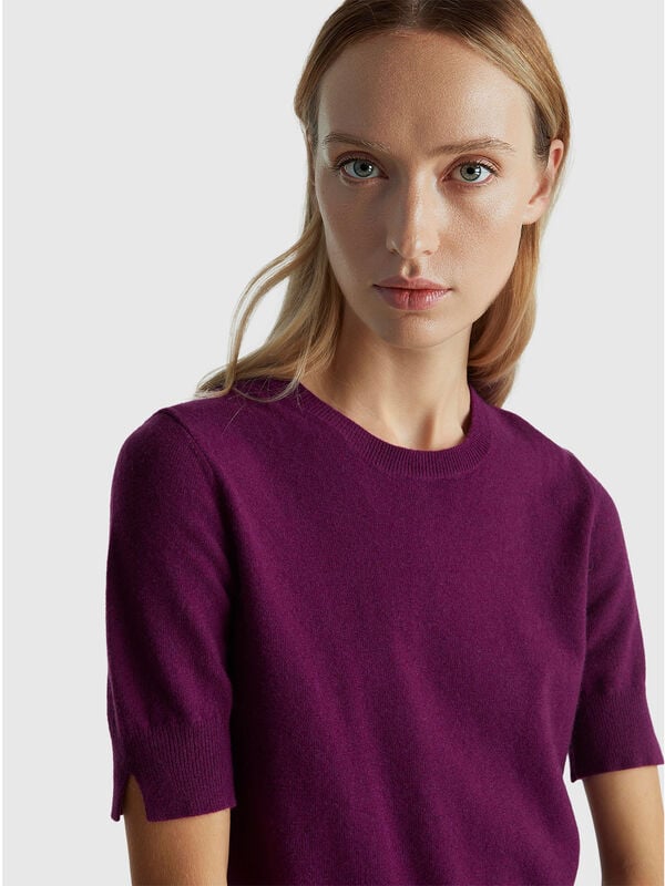 Purple short sleeve sweater in pure Merino wool Women