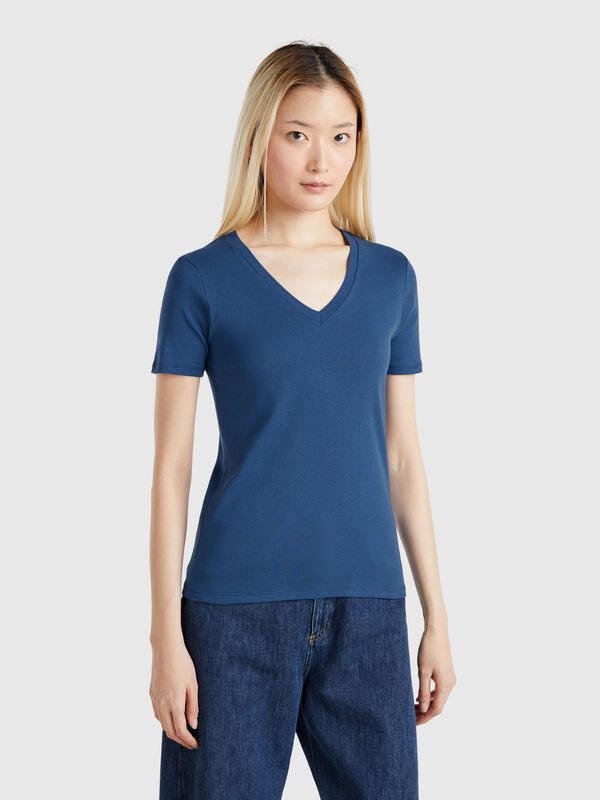 Air force blue pure cotton t-shirt with V-neck Women