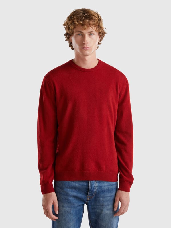 Burgundy crew neck sweater in pure Merino wool Men