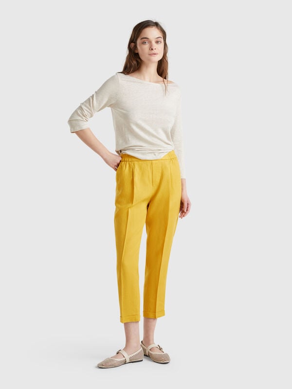 Cropped trousers in 100% linen Women