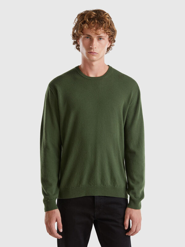 Olive green crew neck sweater in pure Merino wool Men