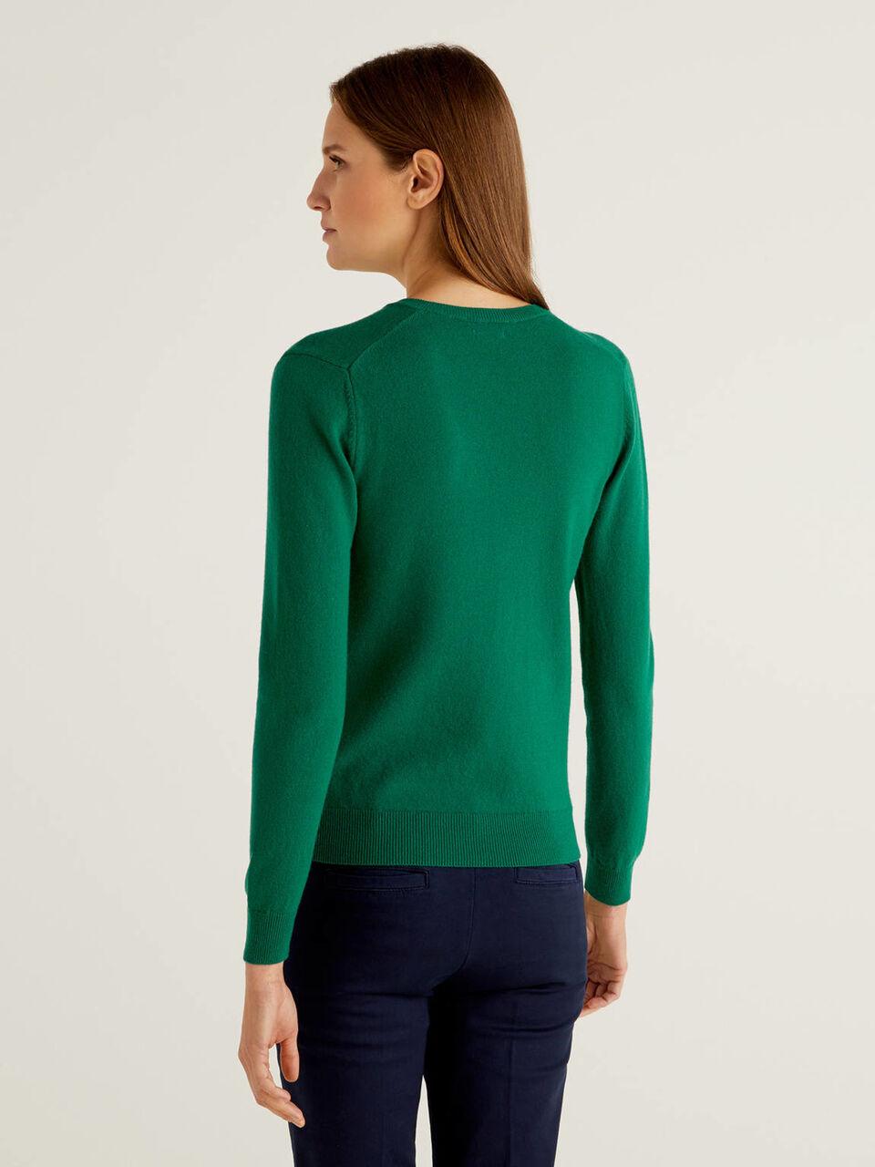 Dark Green V-neck sweater in pure virgin wool