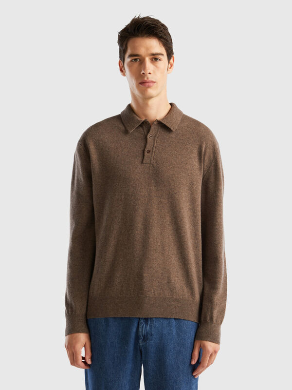 Brown polo shirt in pure Merino wool