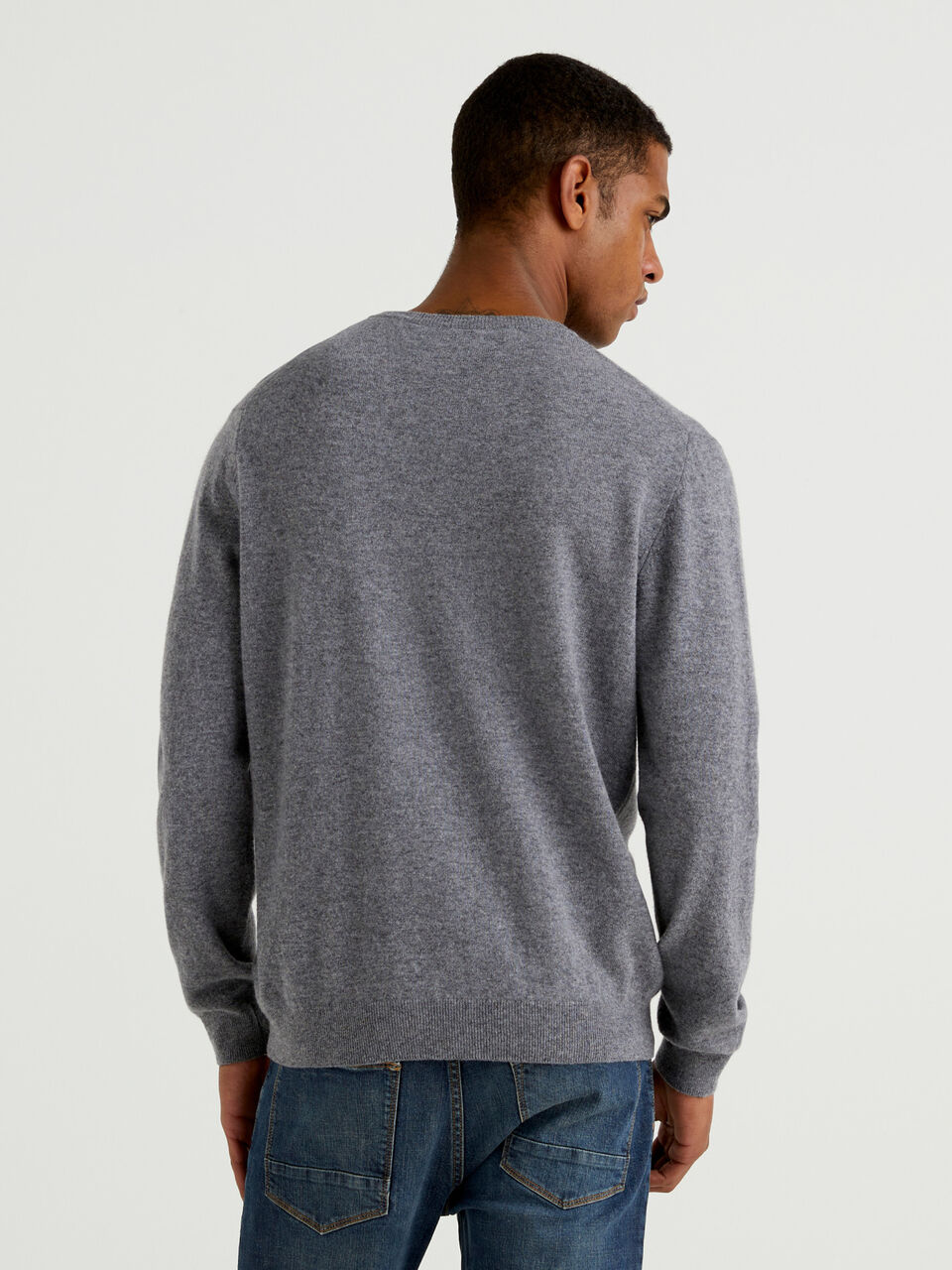 Dark gray crew neck sweater in pure Merino wool