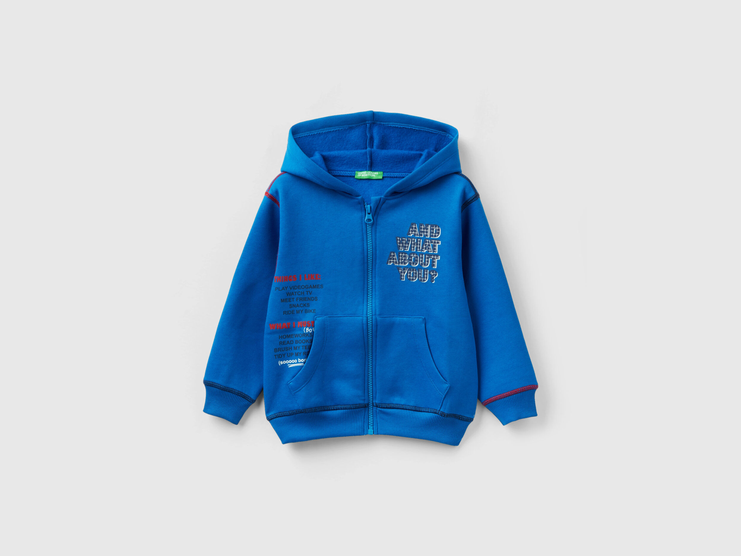 Oversized sweatshirt with hood and print Bright Blue Benetton