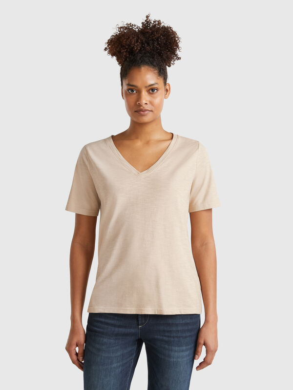 V-neck t-shirt in slub cotton Women