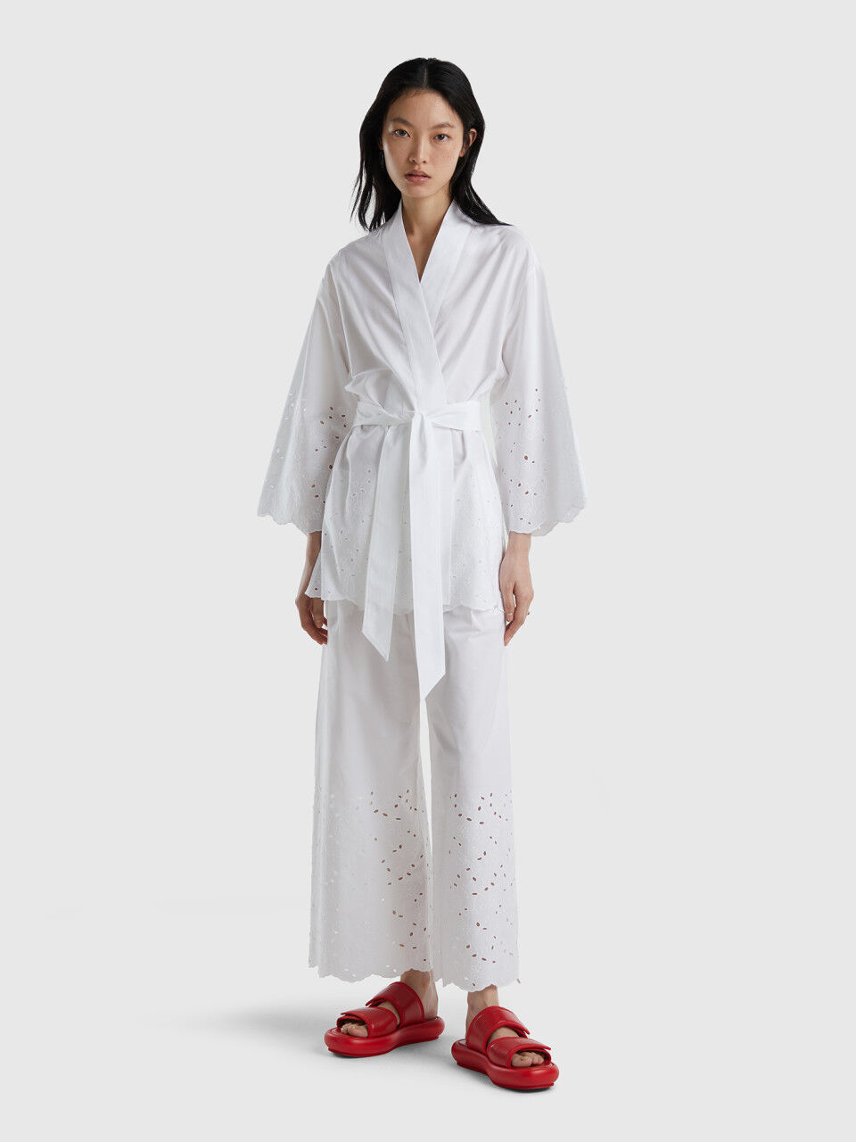 Wide trousers with broderie anglaise embroidery