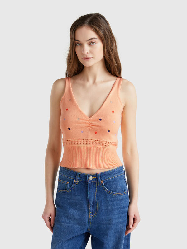 Knit tank top with flower embroidery Women