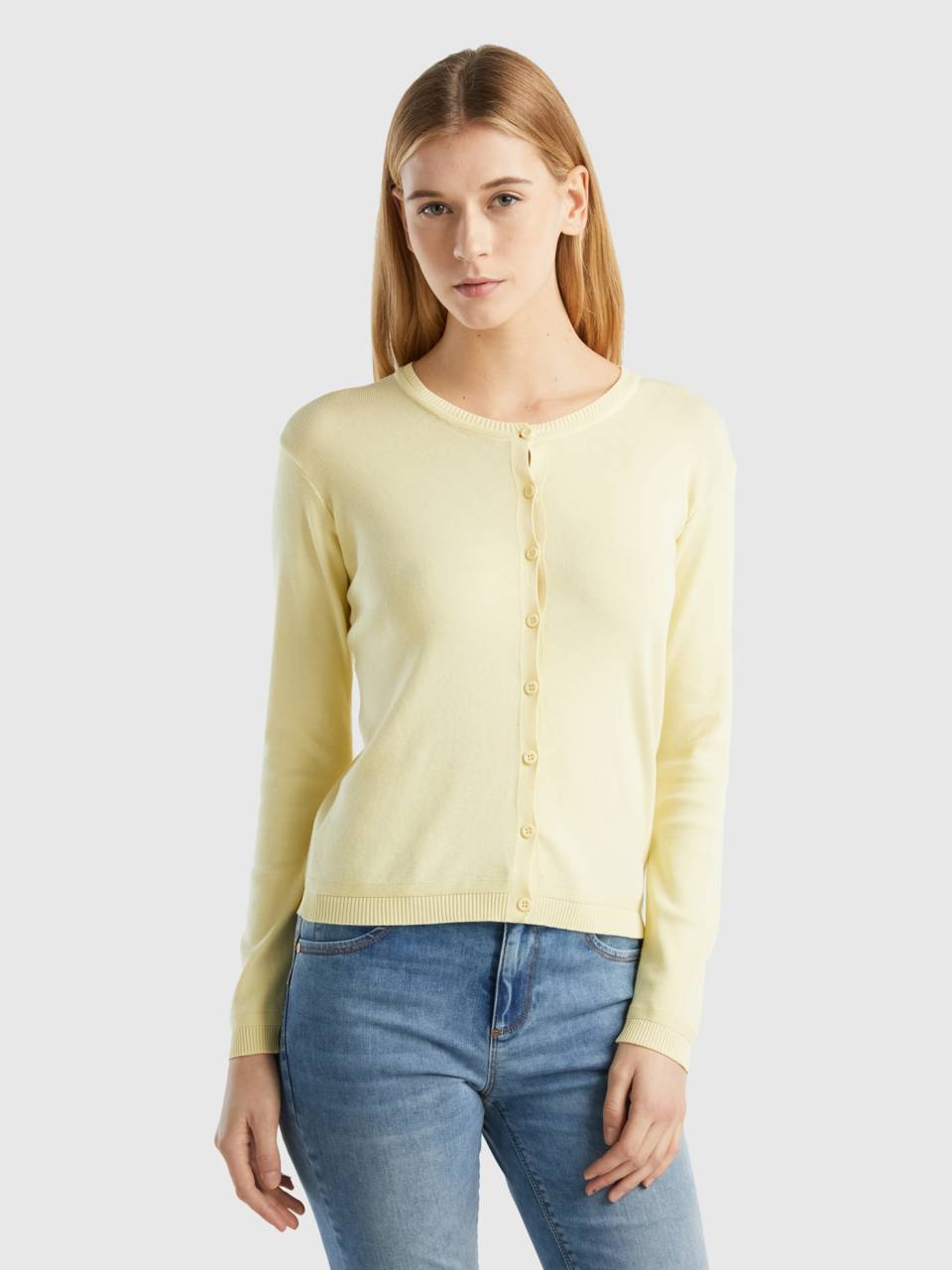 Crew neck cardigan in pure cotton Yellow Benetton